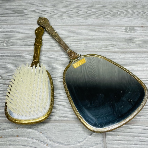 Rare 1950s Matson Vanity Hand Mirror Hair Brush Set rose flower 24k Gold Plated - Picture 14 of 16
